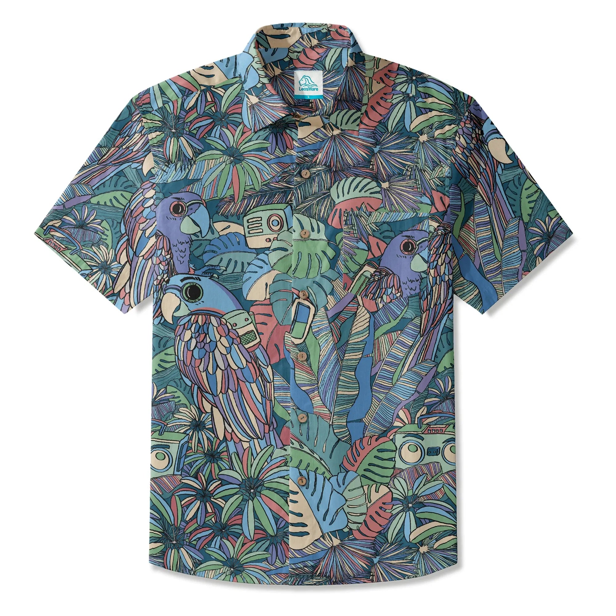 LeosWare® Men's Hawaiian Shirt Short Sleeve Button-up 100% Cotton Blue Aloha Parrot In The Enchanted Forest