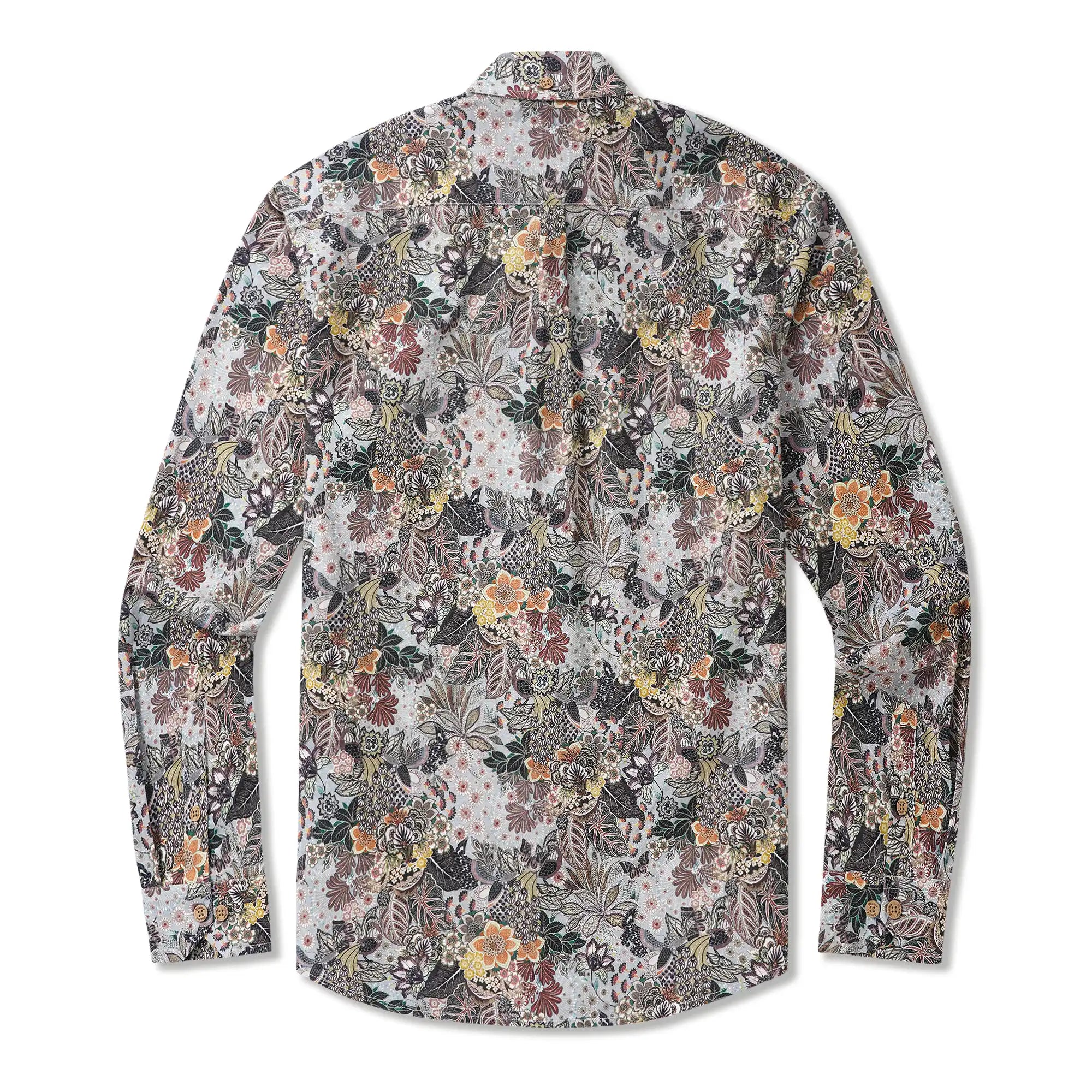 Men's Hawaiian Shirt Long Sleeve Button-down 100% Cotton Brown Aloha Retro Gentleman Art
