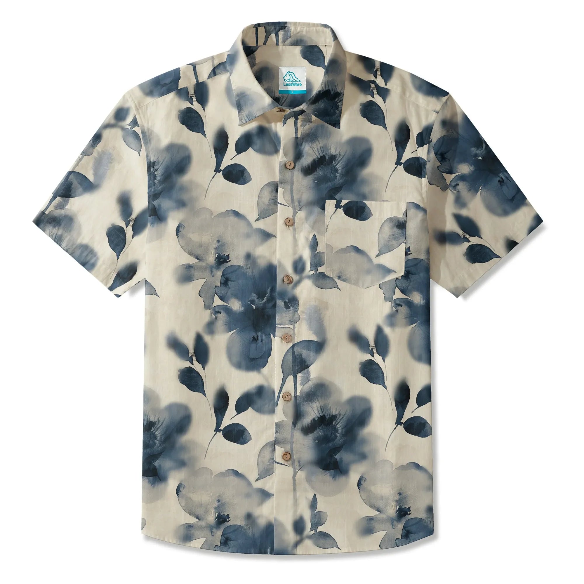 LeosWare® Men's Hawaiian Shirt Short Sleeve Button-up 100% Cotton Blue Aloha Blue And White Ink Charm