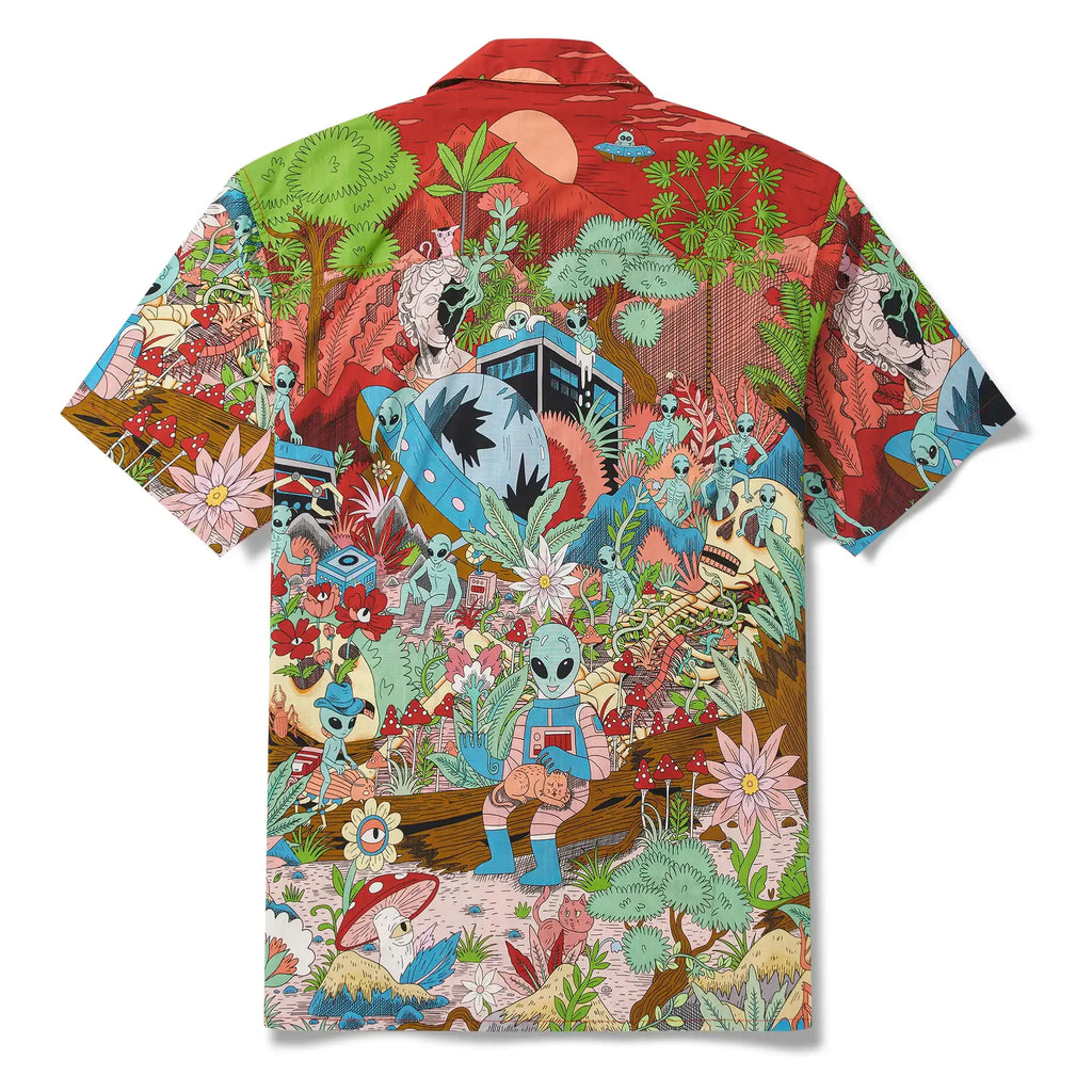Men's Hawaiian Shirt Short Sleeve Camp Collar 100% Cotton Green Aloha Alien Galactic Garden