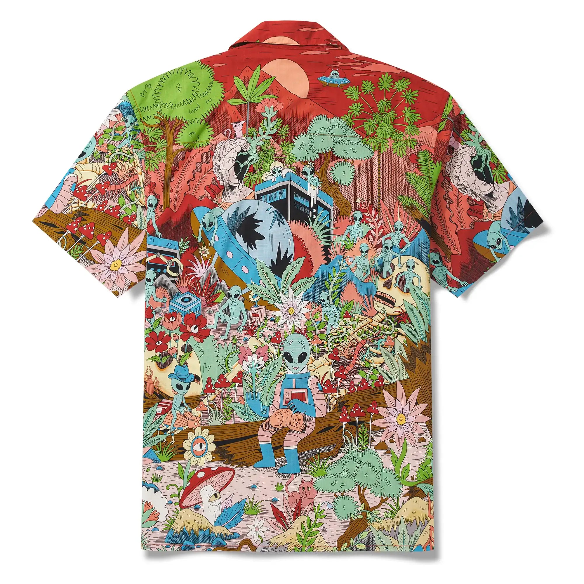 Men's Hawaiian Shirt Short Sleeve Camp Collar 100% Cotton Green Aloha Alien Galactic Garden