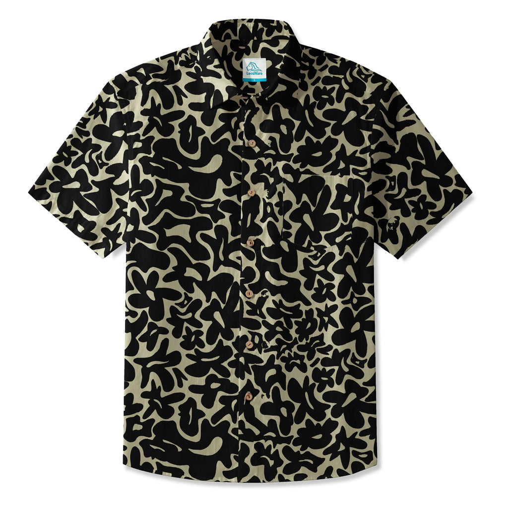 LeosWare® Men's Hawaiian Shirt Short Sleeve Button-up 100% Cotton Black Aloha Minimalist Black Brown Florals