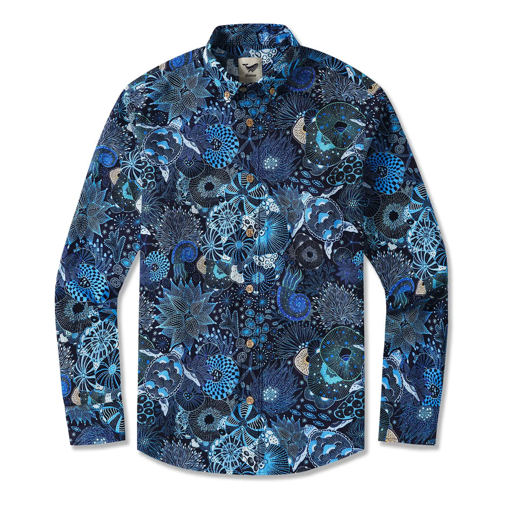 Men's Hawaiian Shirt Long Sleeve Button-down 100% Cotton Blue Aloha Reef Rules