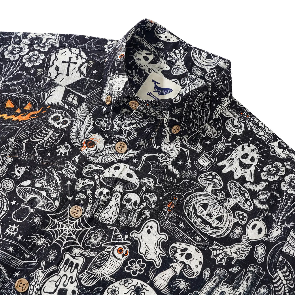Halloween Gift Men's Hawaiian Shirt Long Sleeve Button-down 100% Cotton Black Aloha Halloween Bash