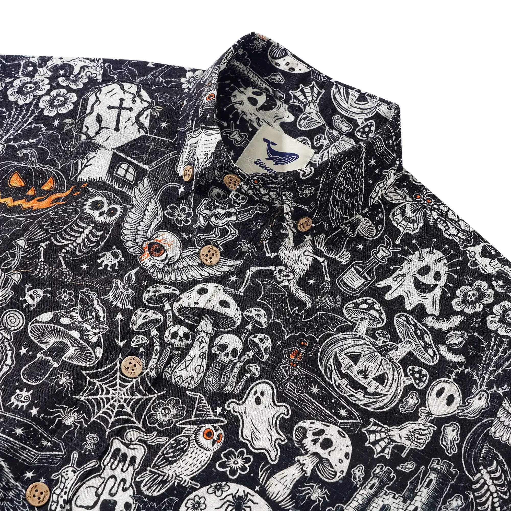 Halloween Gift Men's Hawaiian Shirt Long Sleeve Button-down 100% Cotton Black Aloha Halloween Bash