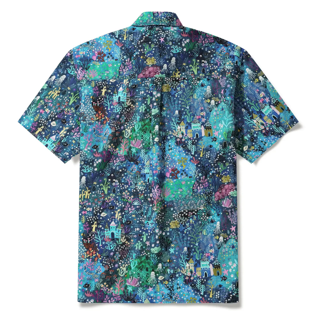 Men's Hawaiian Shirt Short Sleeve Button-down 100% Cotton Blue Aloha Enchanted Underwater World