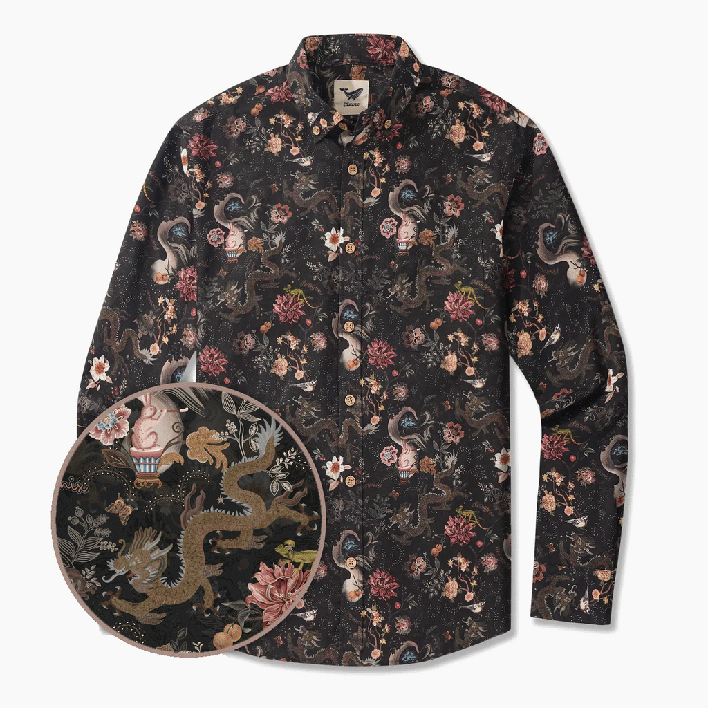 Men's Hawaiian Shirt Long Sleeve Button-down 100% Cotton Black Aloha Ink Charm Eastern Dream