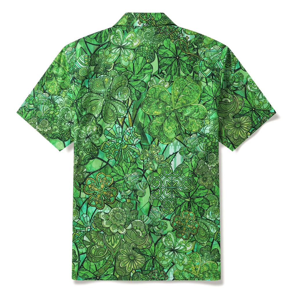 St. Patrick's Day Gift Men's Hawaiian Shirt Short Sleeve Camp Collar 100% Cotton Green Aloha Green Glass Lucky Four-leaf Clover