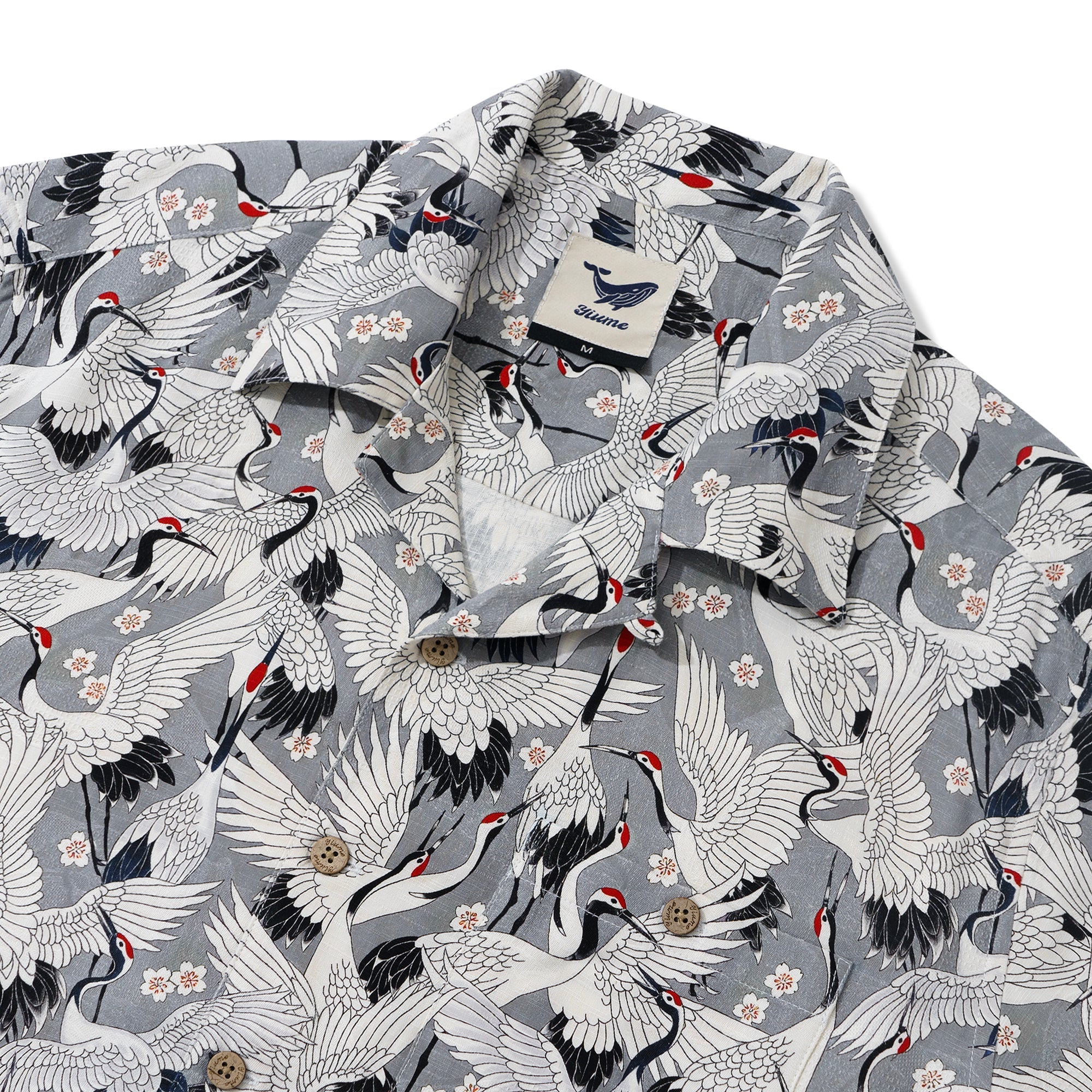 Men's Hawaiian Shirt Short Sleeve Camp Collar 100% Silk Gray Aloha The Feast Of Cranes