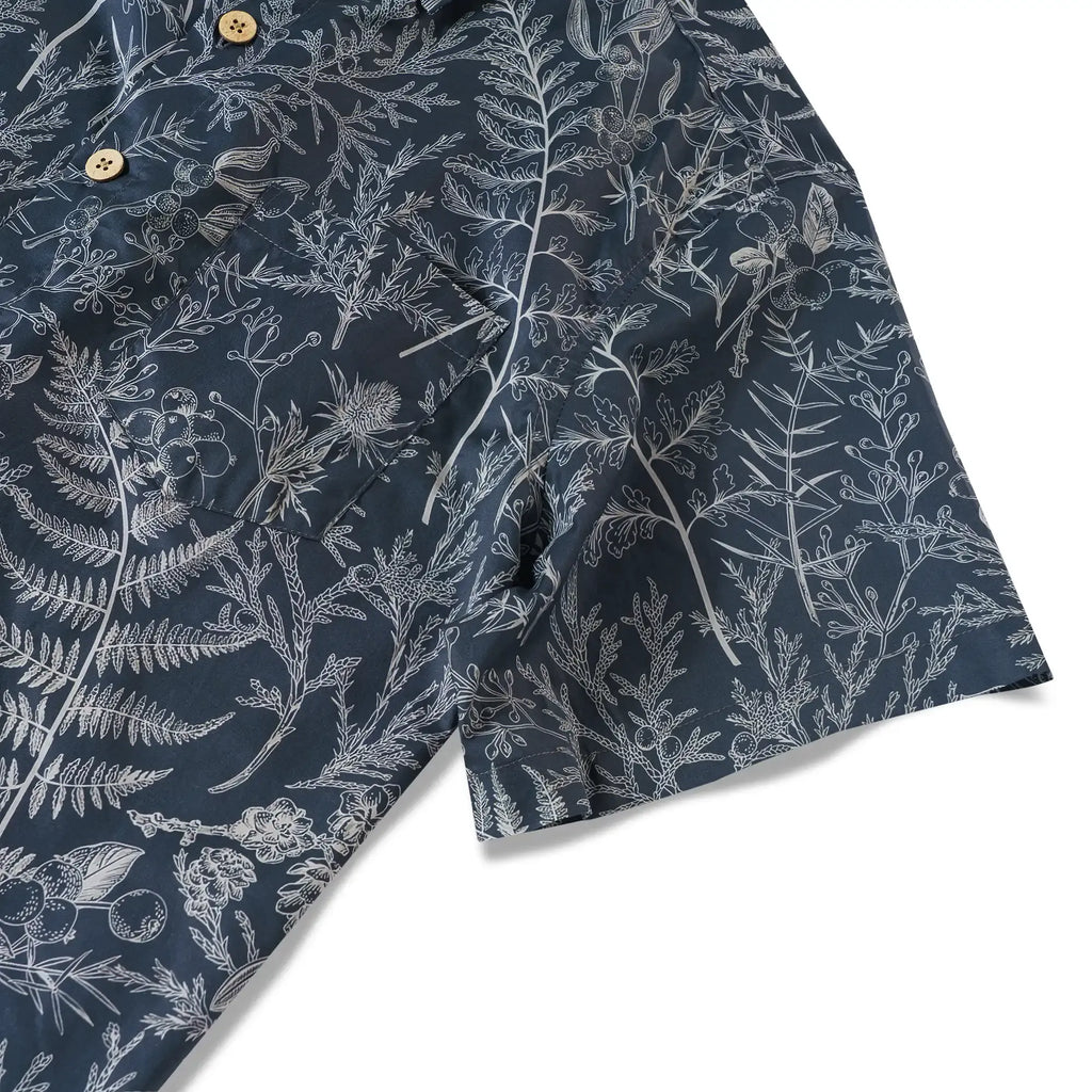 LeosWare® Men's Hawaiian Shirt Short Sleeve Button-up 100% Cotton Blue Aloha Enchanted Fern Grove Journal