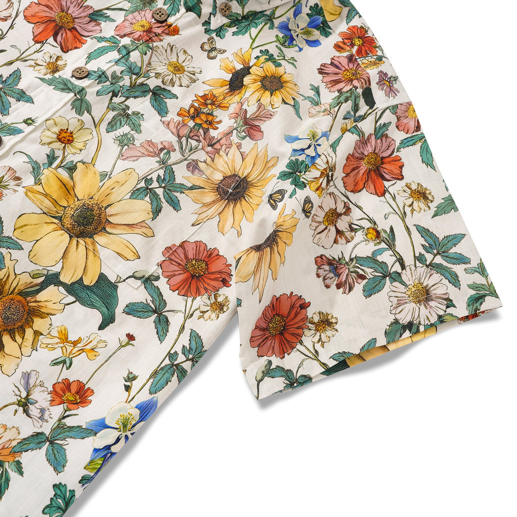 Men's Hawaiian Shirt Short Sleeve Button-down 100% Cotton Beige Aloha Floral Reverie