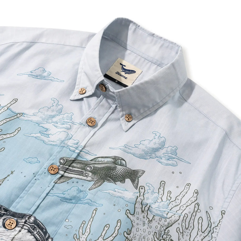 Men's Hawaiian Shirt Short Sleeve Button-down 100% Cotton Blue Aloha Atlantis Coral Cruisers