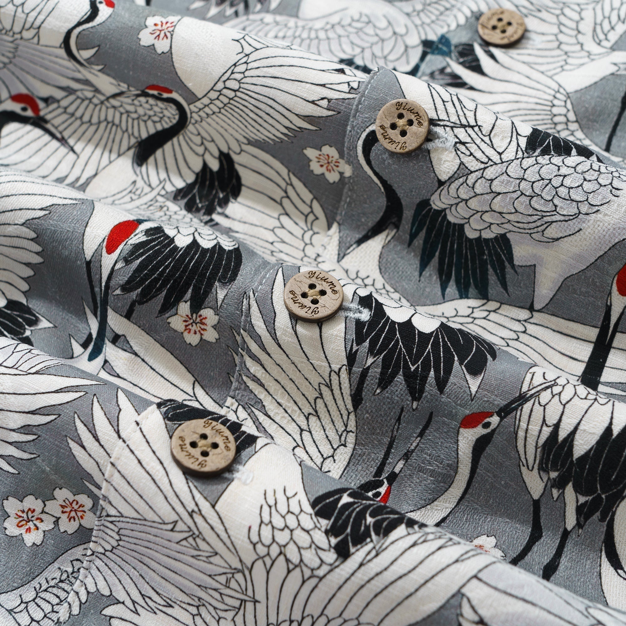 Men's Hawaiian Shirt Short Sleeve Camp Collar 100% Silk Gray Aloha The Feast Of Cranes
