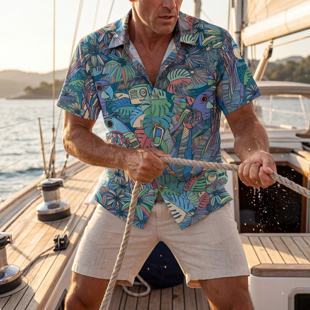 LeosWare® Men's Hawaiian Shirt Short Sleeve Button-up 100% Cotton Blue Aloha Parrot In The Enchanted Forest
