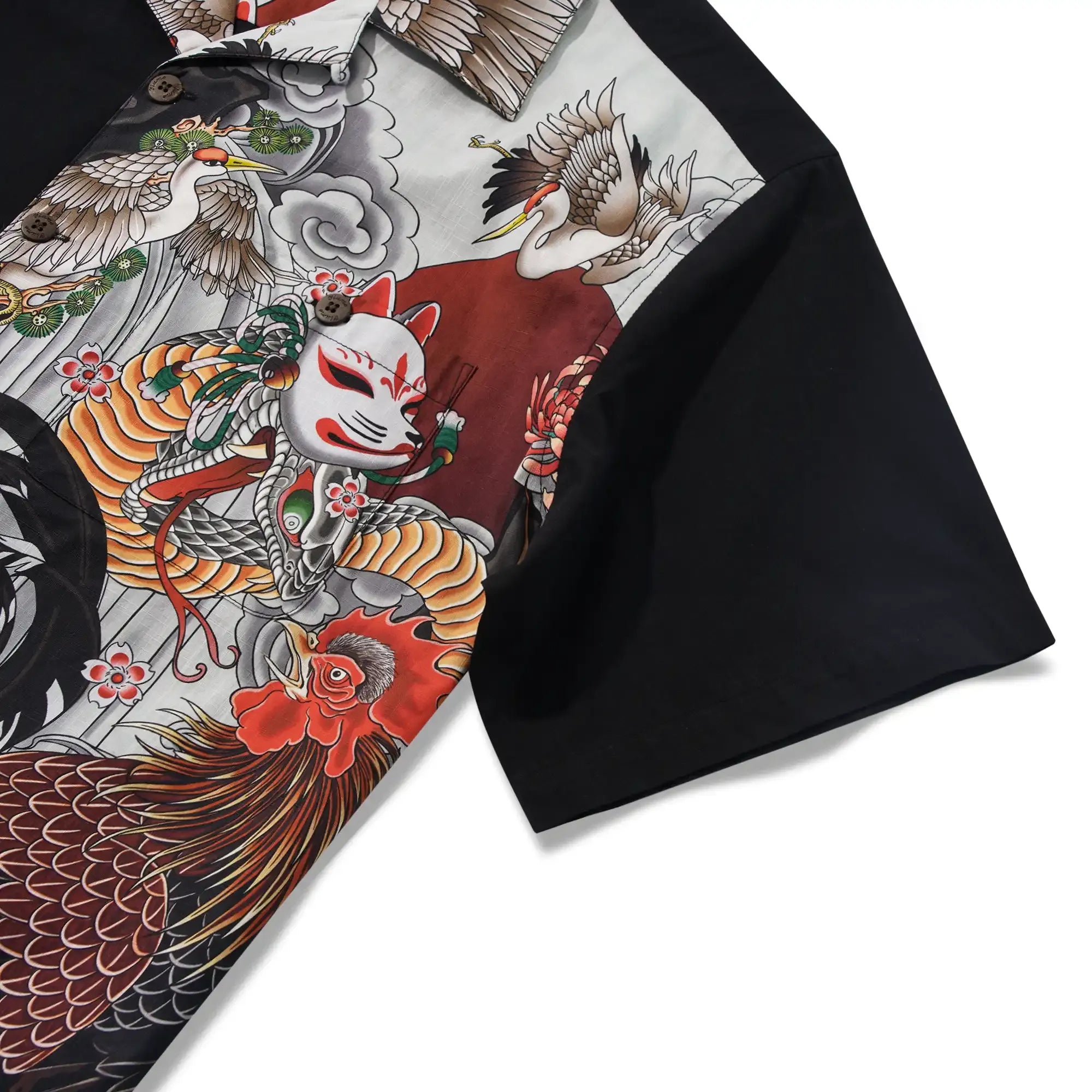 Men's Hawaiian Shirt Short Sleeve Camp Collar 100% Cotton Black Kitsune Mask And Rooster Aloha The Edo Mythos