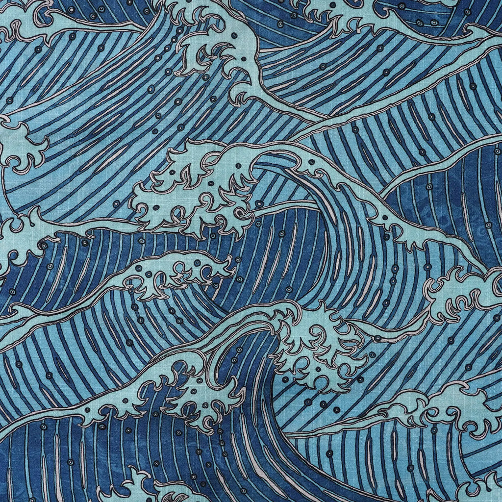 Men's Hawaiian Shirt Short Sleeve Button-down 100% Cotton Blue Aloha Surging Waves Of Ukiyo-e