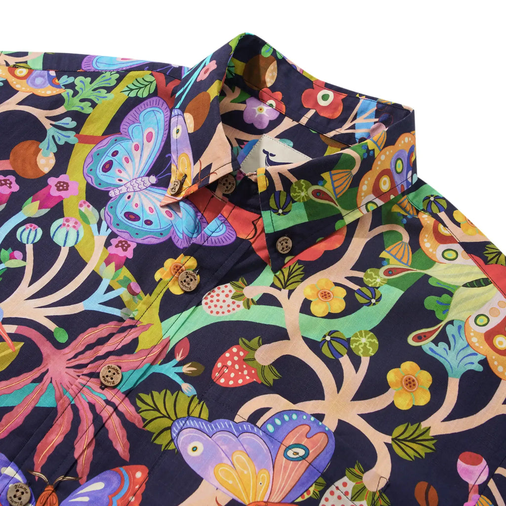 Men's Hawaiian Shirt Short Sleeve Button-down 100% Cotton Blue Aloha Dusk Butterfly Dance
