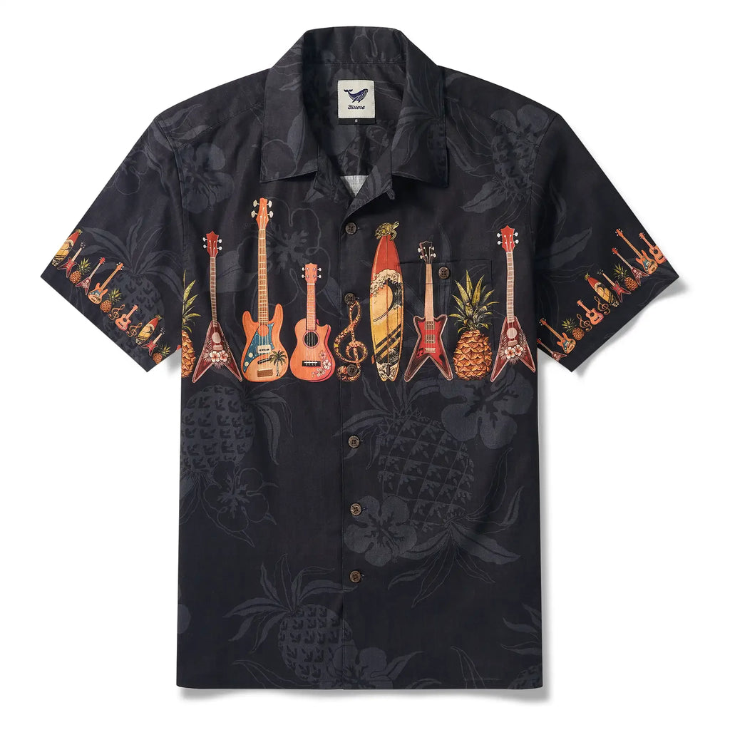 Music Men's Hawaiian Shirt Short Sleeve Camp Collar 100% Cotton Black Aloha Island Serenade