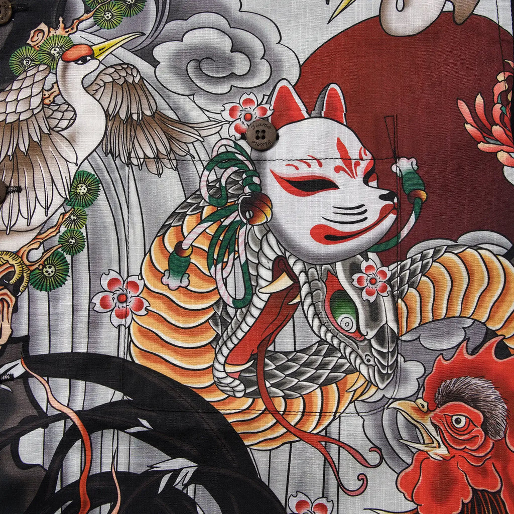 Men's Hawaiian Shirt Short Sleeve Camp Collar 100% Cotton Black Kitsune Mask And Rooster Aloha The Edo Mythos