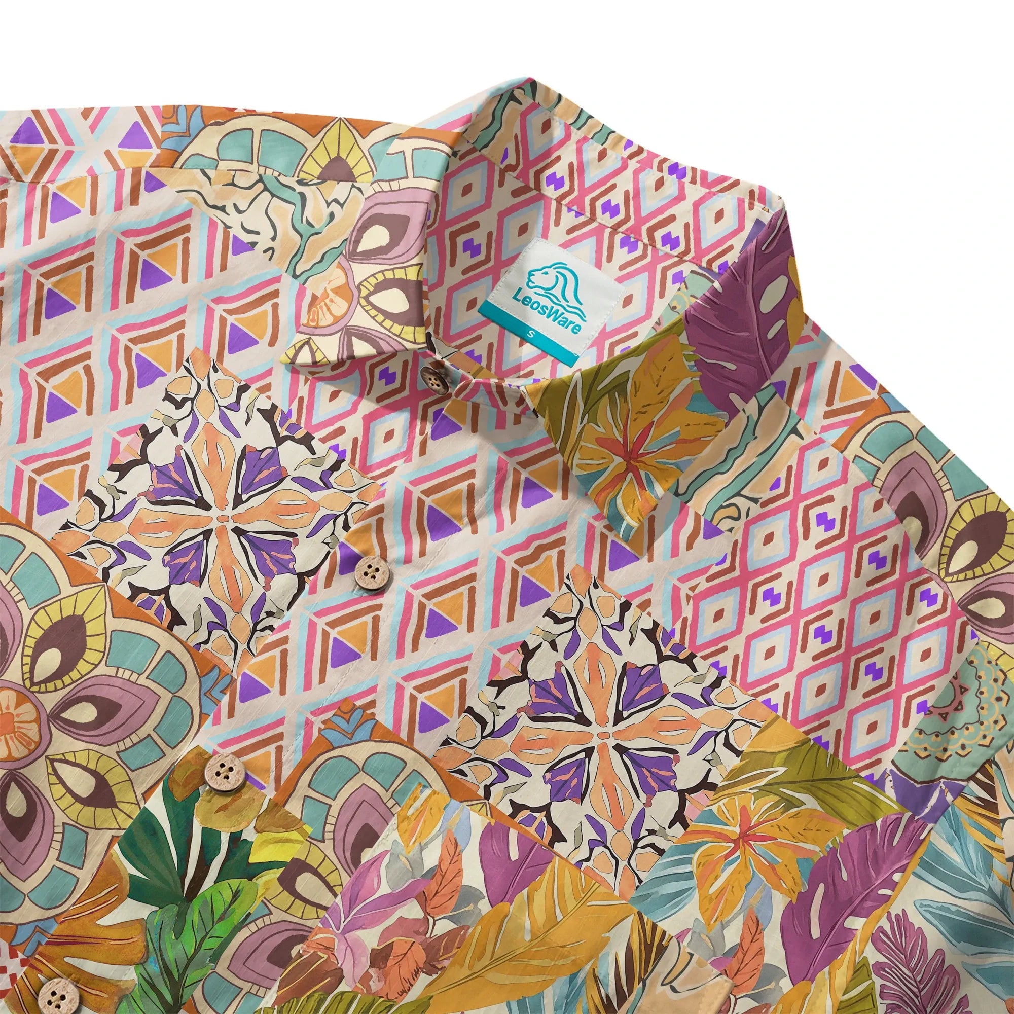 LeosWare® Men's Hawaiian Shirt Short Sleeve Button-up 100% Cotton Yellow Aloha Bohemian Patchwork Paradise