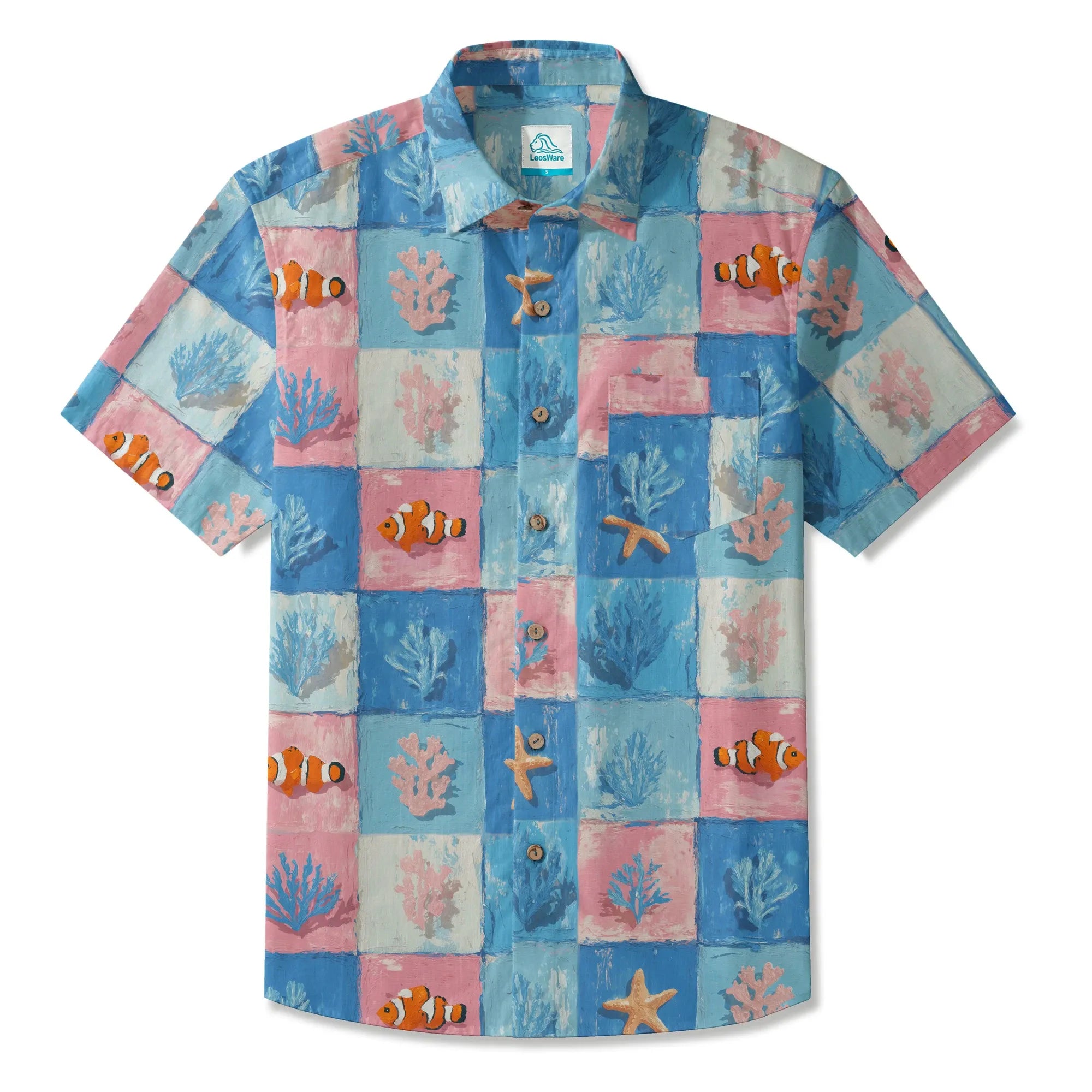 LeosWare® Plaid Men's Hawaiian Shirt Short Sleeve Button-up 100% Cotton Blue Aloha Oceanic Chessboard