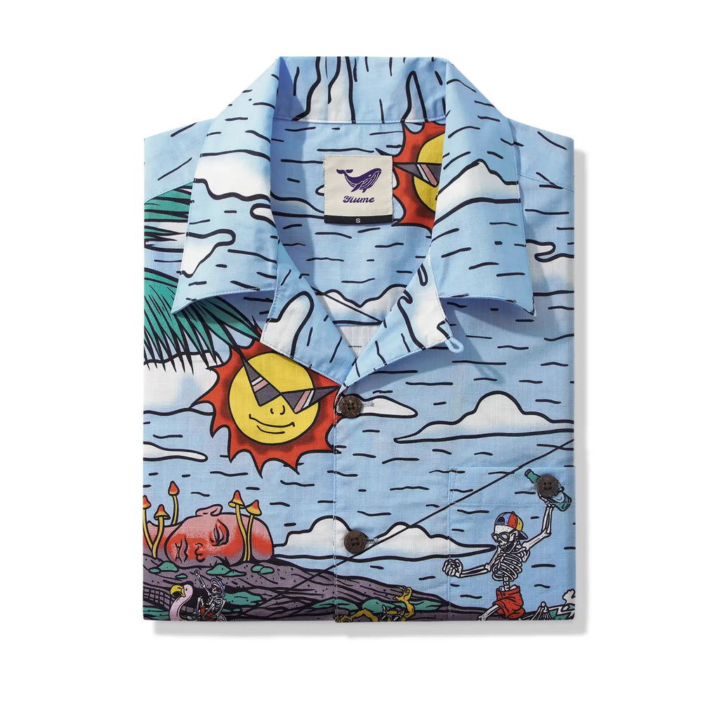 Alien Flamingo Men's Hawaiian Shirt Short Sleeve Camp Collar 100% Cotton Blue Beach Surfing Party Aloha Cosmic Coast Chaos