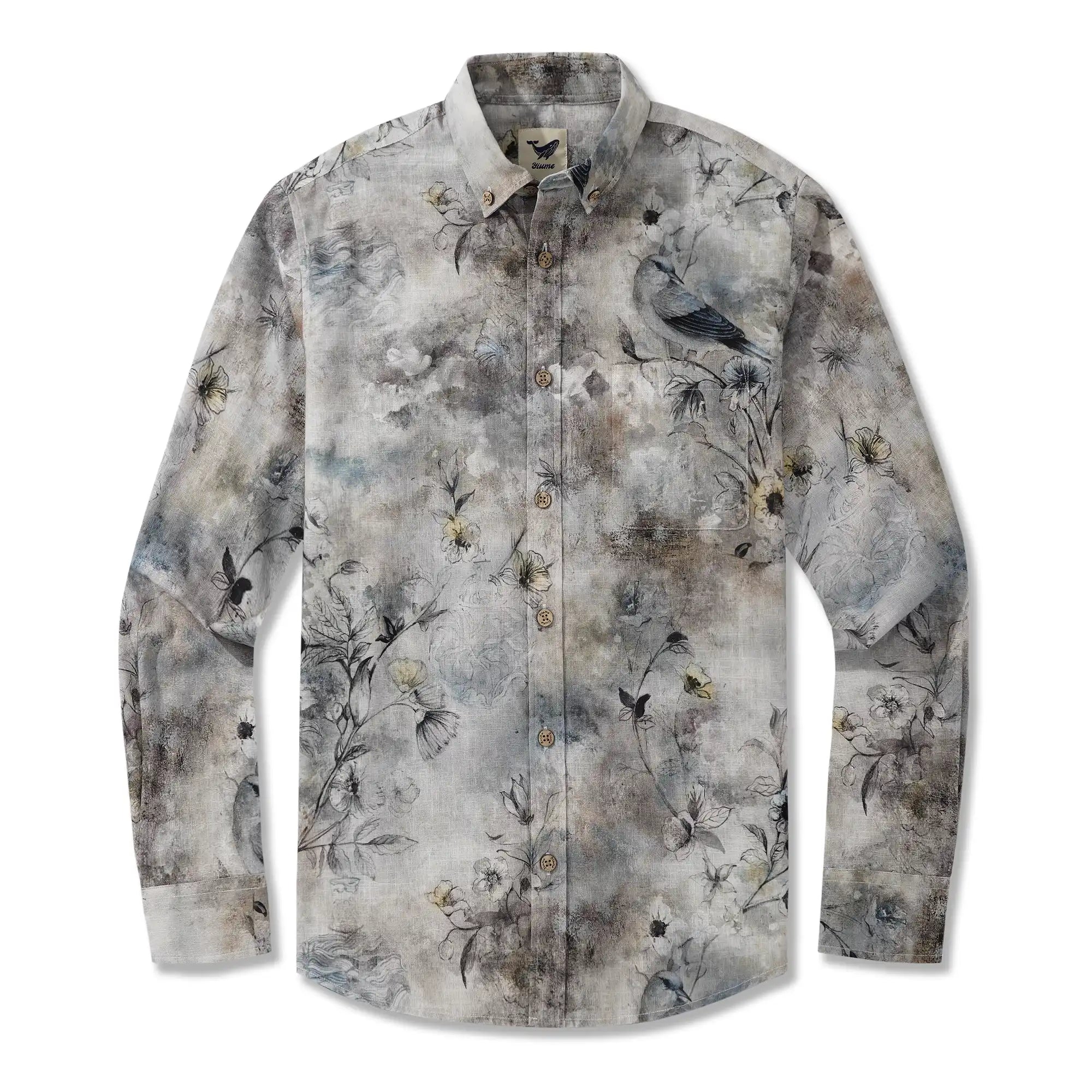 Men's Hawaiian Shirt Long Sleeve Button-down 100% Cotton Gray Aloha Floral Shadows and Sparrow Grace