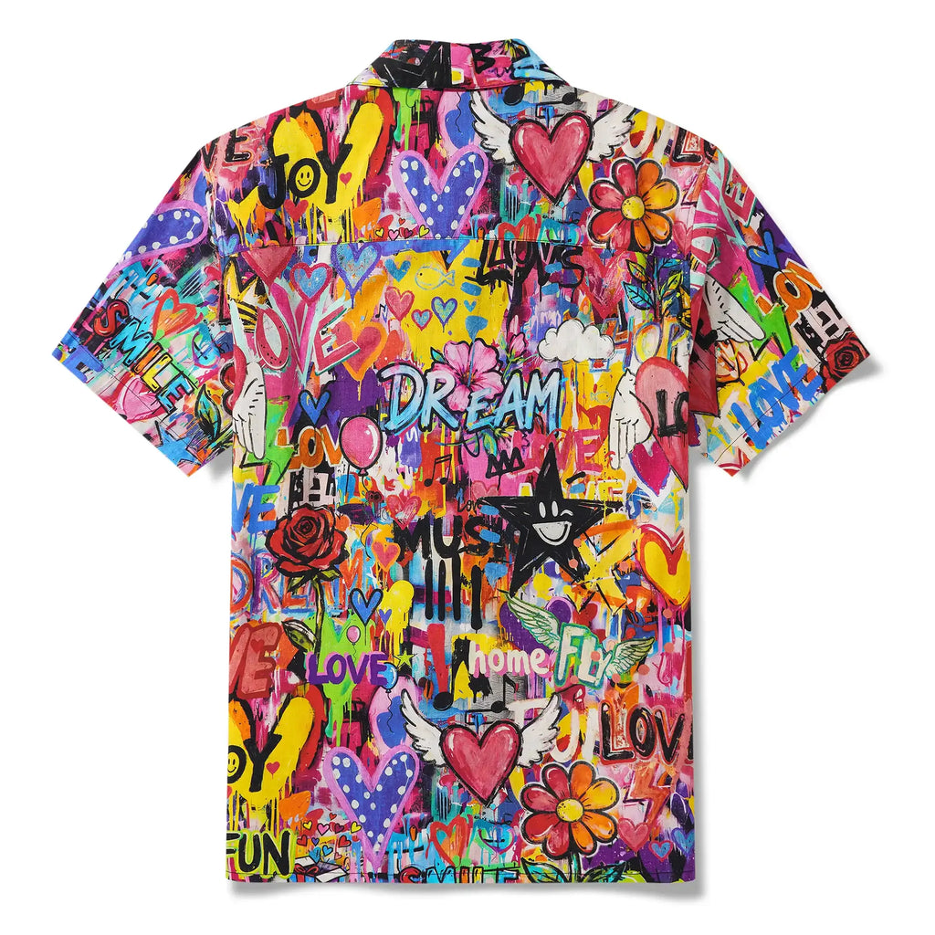 Men's Hawaiian Shirt Short Sleeve Camp Collar 100% Cotton Aloha Artistic Love Graffiti Fun