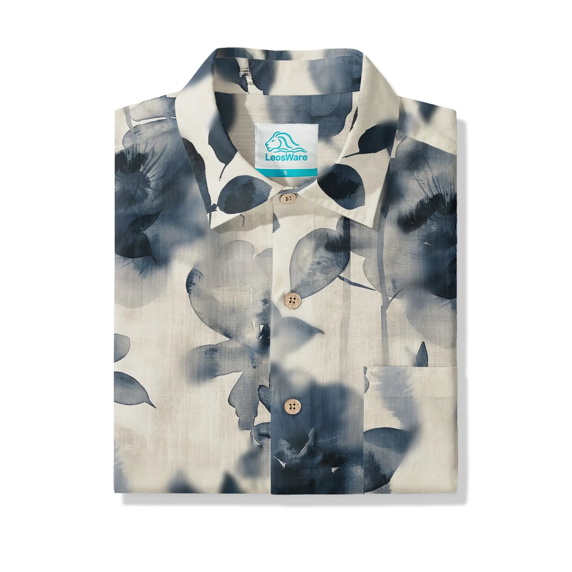 LeosWare® Men's Hawaiian Shirt Short Sleeve Button-up 100% Cotton Blue Aloha Blue And White Ink Charm