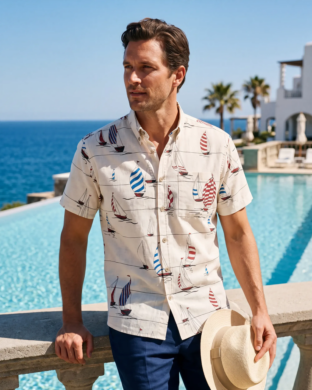Men's Hawaiian Shirt Short Sleeve Button-down 100% Cotton Blue Aloha Sail into the Horizon