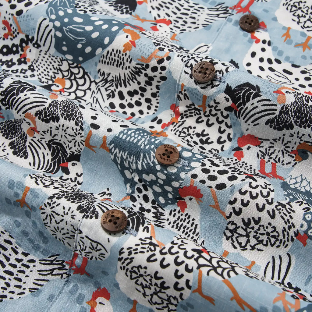 Men's Hawaiian Shirt Short Sleeve Camp Collar 100% Cotton Blue Aloha Clucking Chicken Friends By Annick Schmidt-reichardt