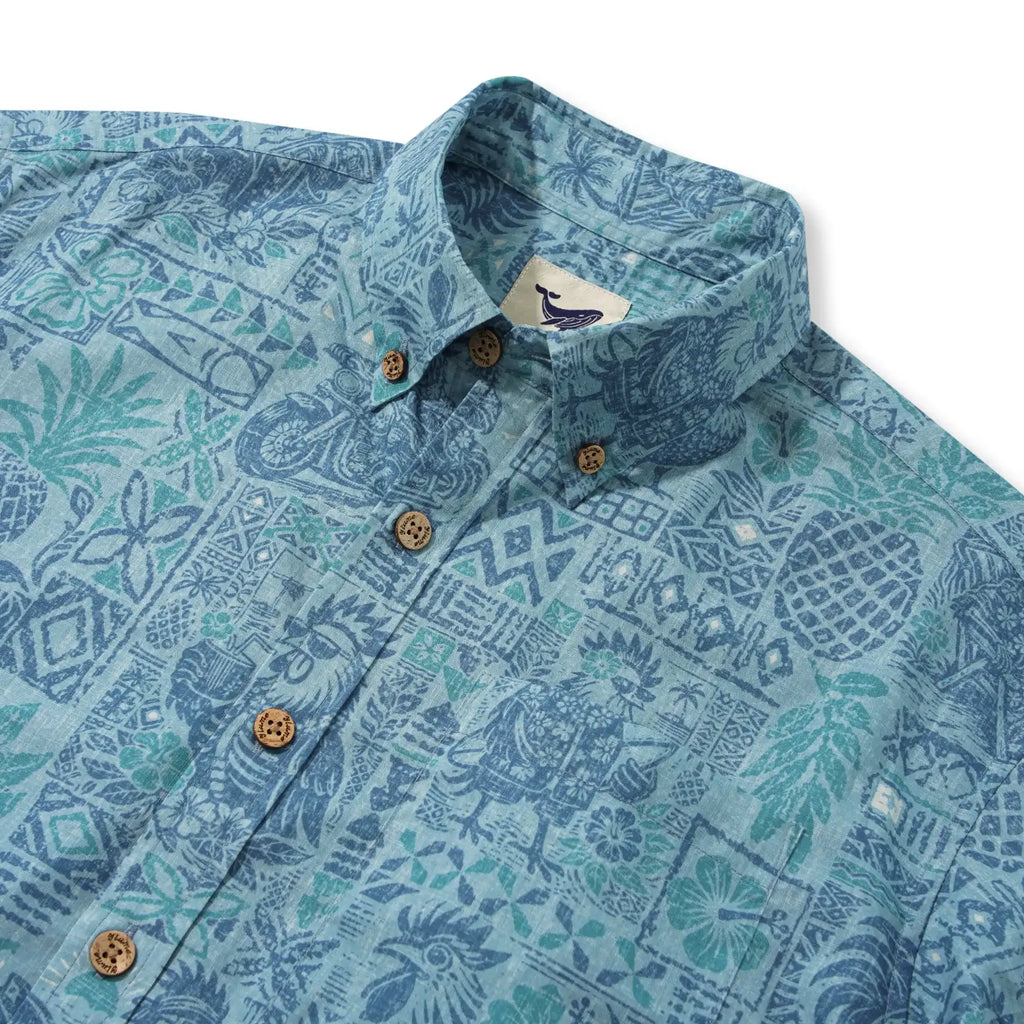 Men's Hawaiian Shirt Short Sleeve Button-down 100% Cotton Blue Rooster Aloha The Bone Voyage