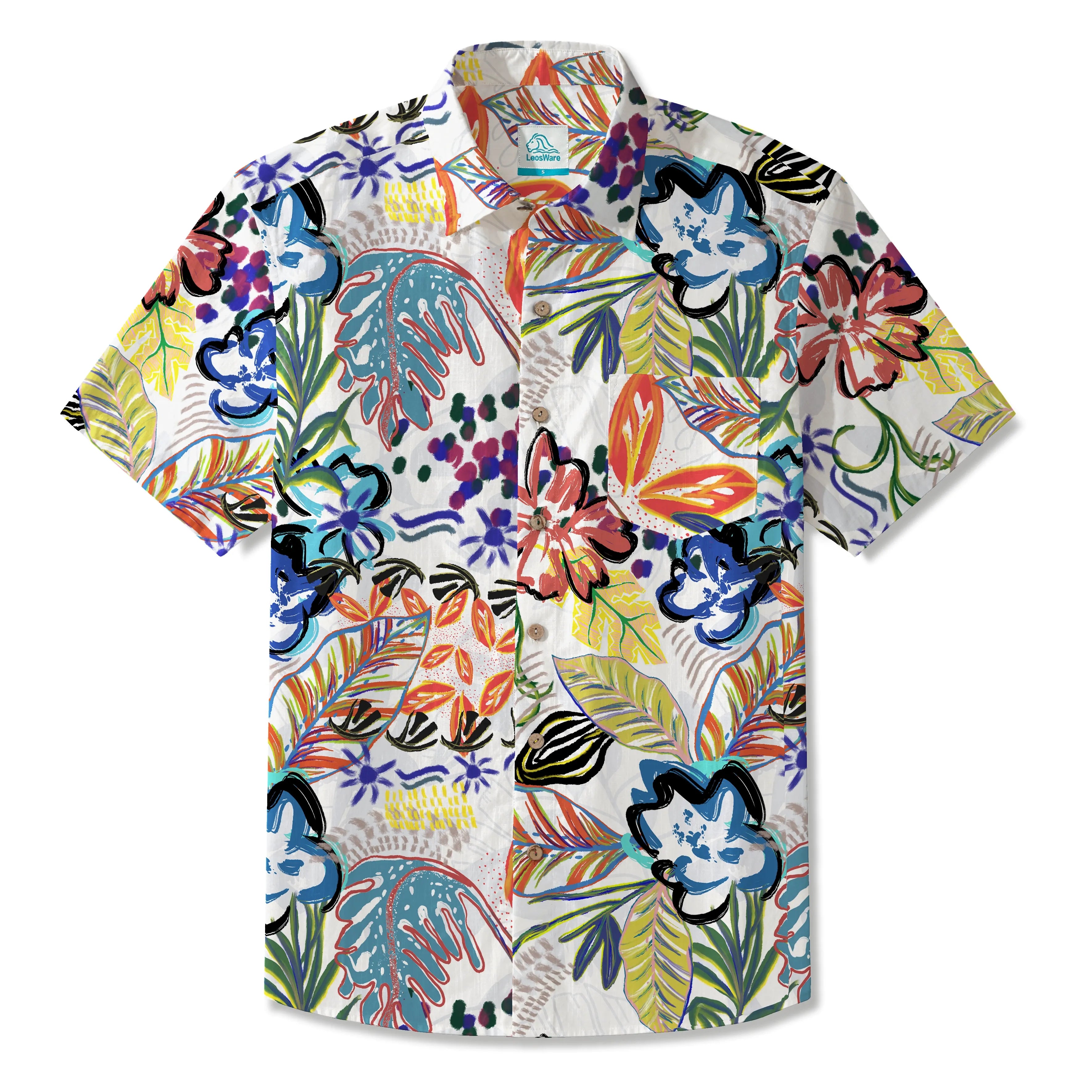 LeosWare® Men's Hawaiian Shirt Short Sleeve Button-up 100% Cotton White Aloha Wild Whimsical Graffiti