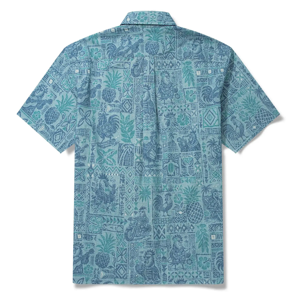 Men's Hawaiian Shirt Short Sleeve Button-down 100% Cotton Blue Rooster Aloha The Bone Voyage