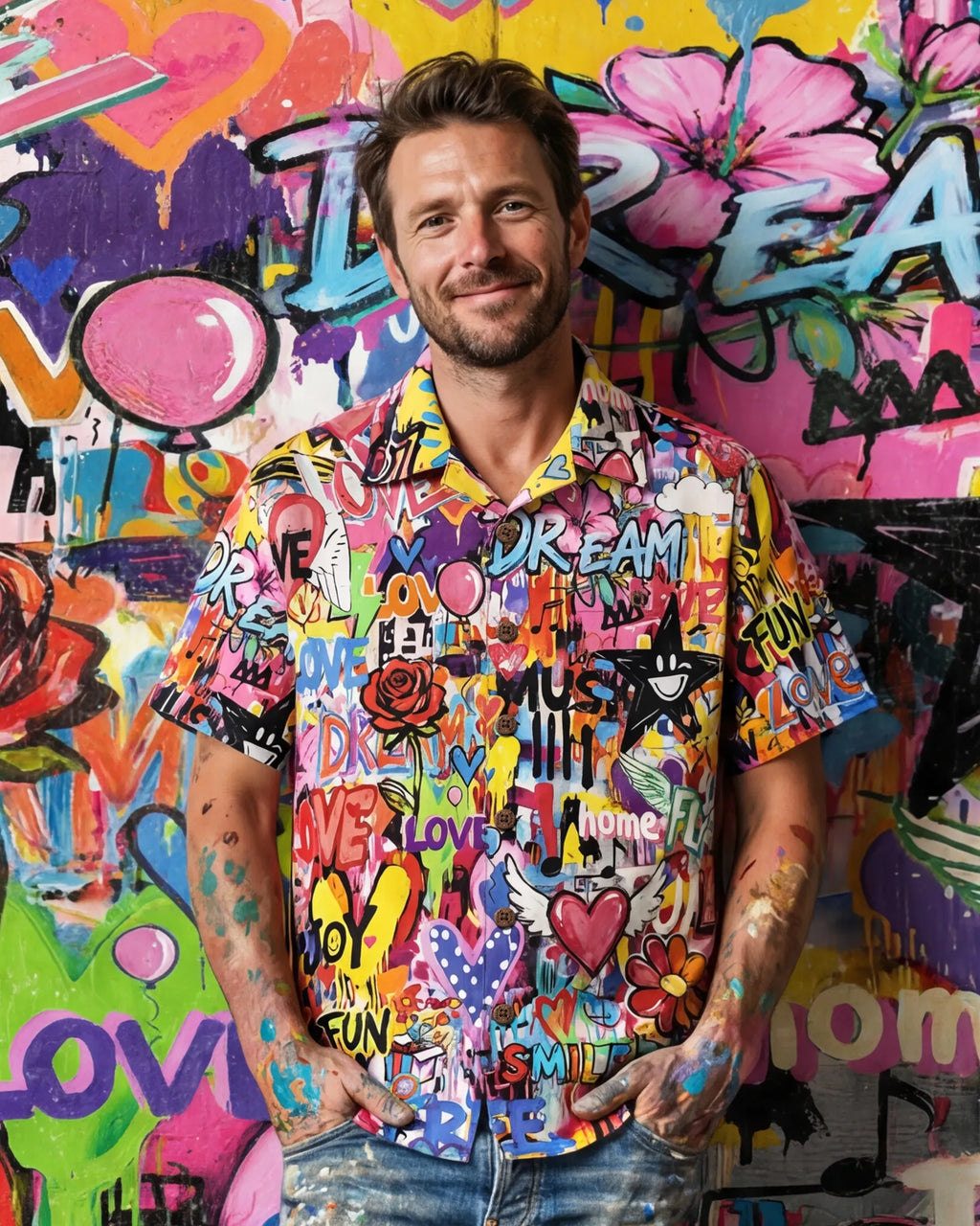 Men's Hawaiian Shirt Short Sleeve Camp Collar 100% Cotton Aloha Artistic Love Graffiti Fun