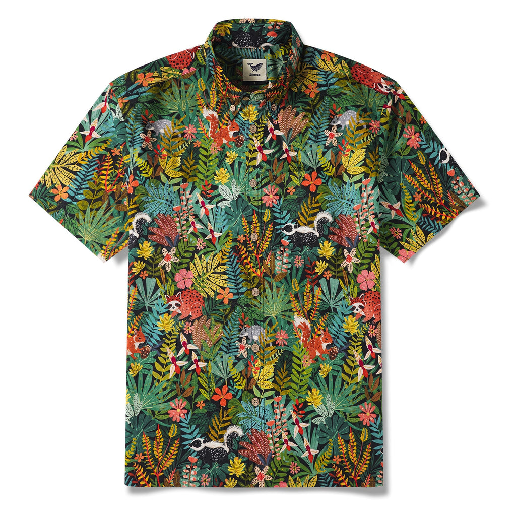 Squirrel Men's Hawaiian Shirt Short Sleeve Button-down 100% Cotton Green Aloha Forest Fairytale