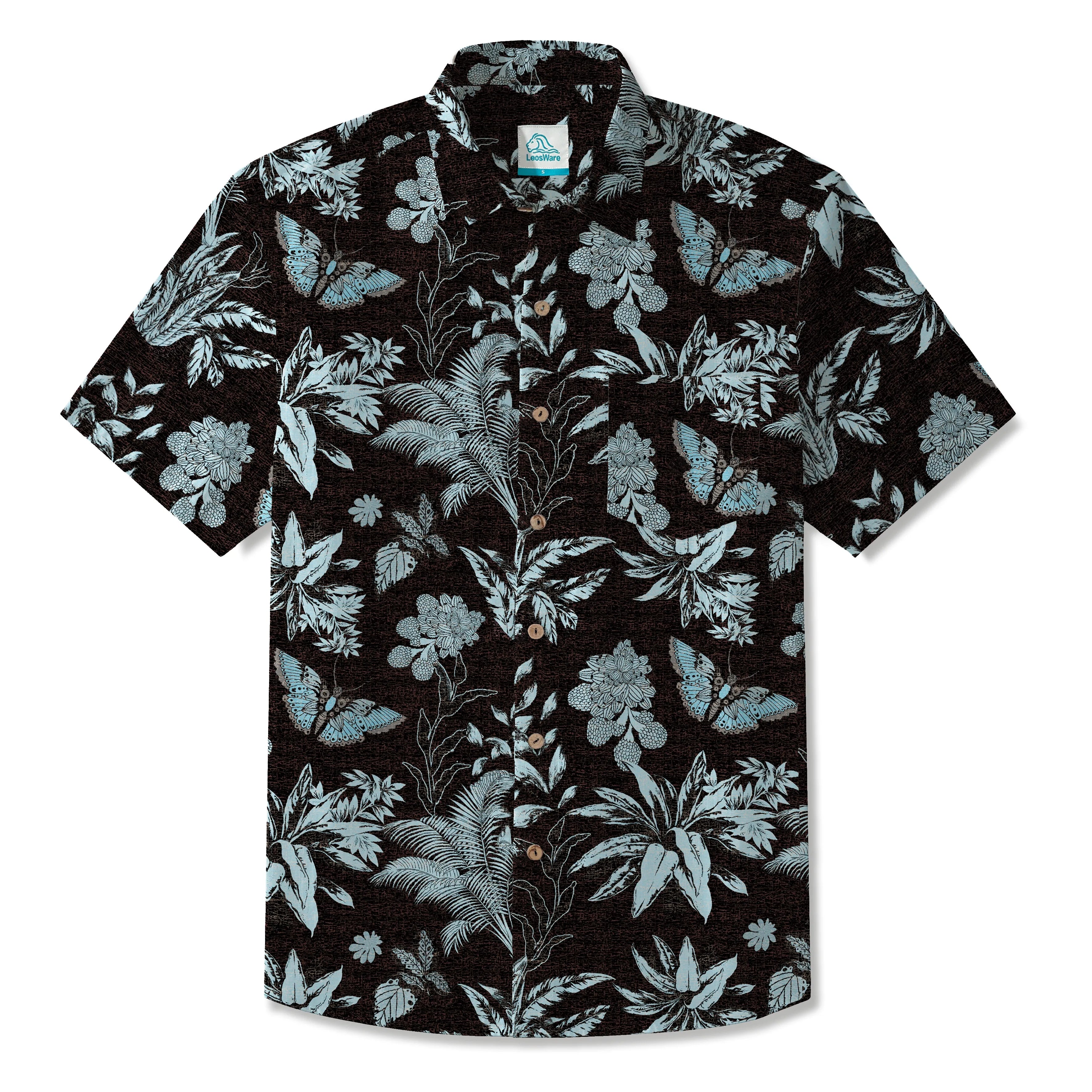 LeosWare® Men's Hawaiian Shirt Short Sleeve Button-up 100% Cotton Black Aloha Mystical Flowers And Butterflies