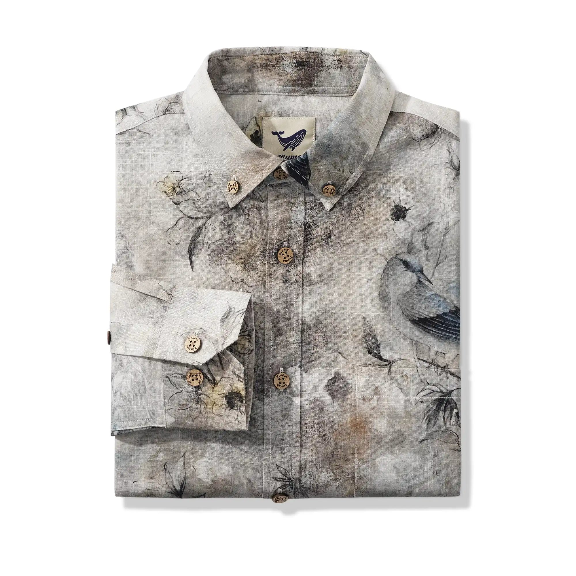 Men's Hawaiian Shirt Long Sleeve Button-down 100% Cotton Gray Aloha Floral Shadows and Sparrow Grace