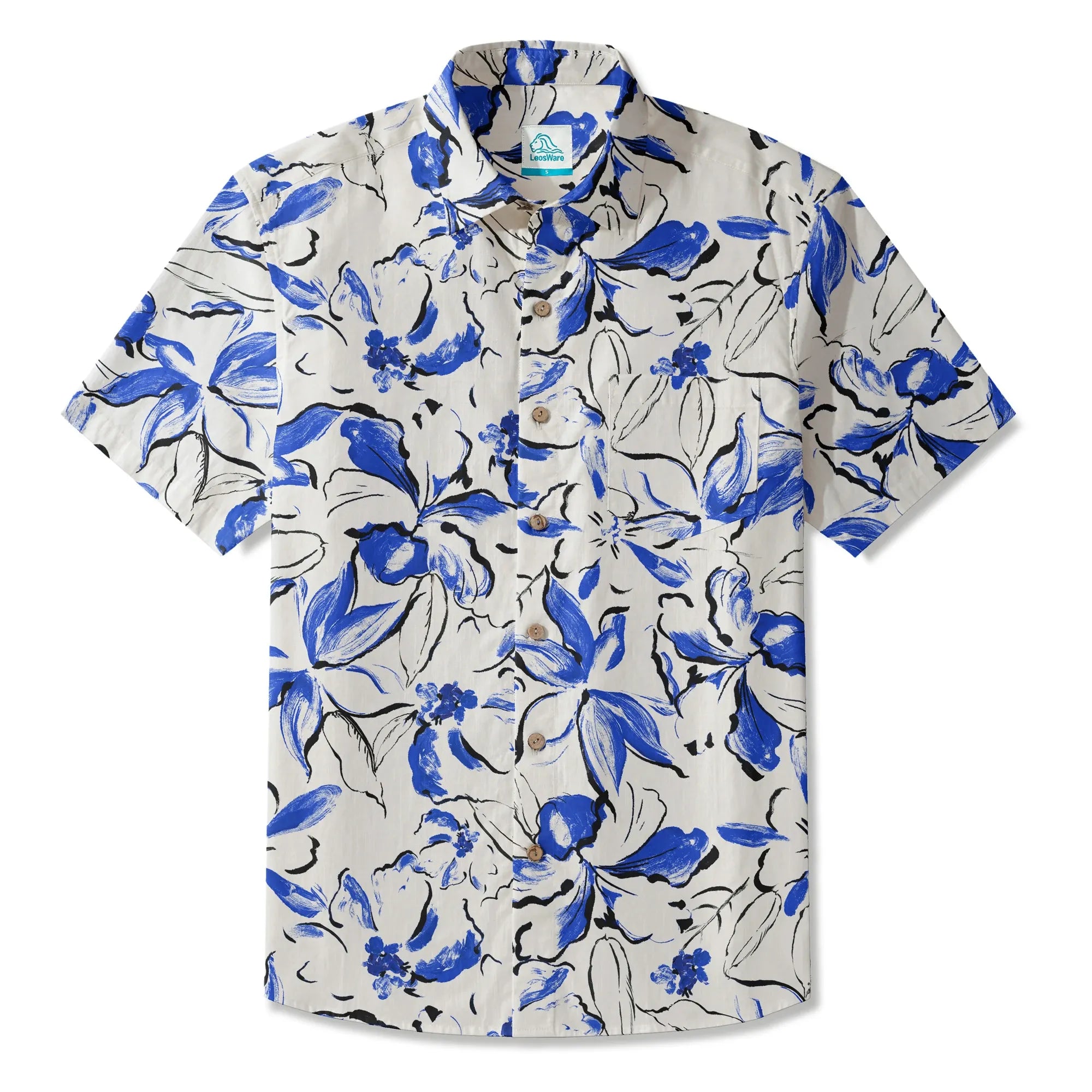 LeosWare® Men's Hawaiian Shirt Short Sleeve Button-up 100% Cotton Blue Aloha Indigo Blossoms Brushstroke