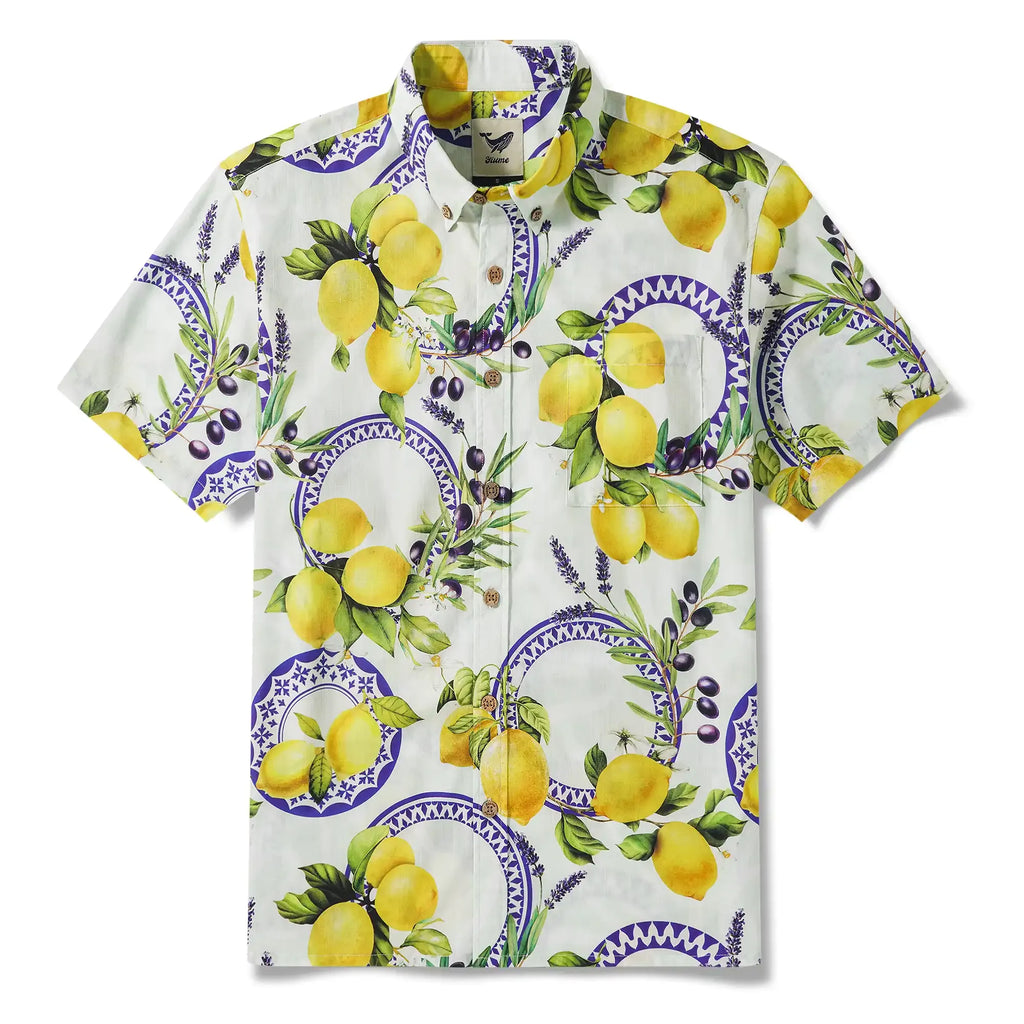 Men's Hawaiian Shirt Short Sleeve Button-down 100% Cotton Yellow Aloha Lemon, Olive, And Lavender Harmony Symphony