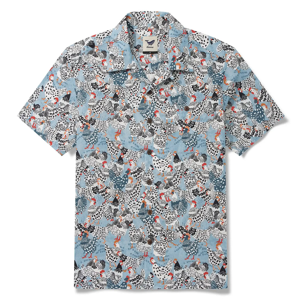 Men's Hawaiian Shirt Short Sleeve Camp Collar 100% Cotton Blue Aloha Clucking Chicken Friends By Annick Schmidt-reichardt