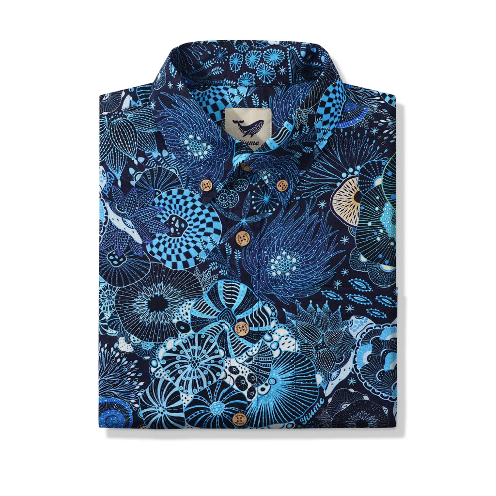 Yiume Sea Turtle Hawaiian Shirt For Men 100% Cotton Blue Shirt Short Sleeve Button-down Shirt