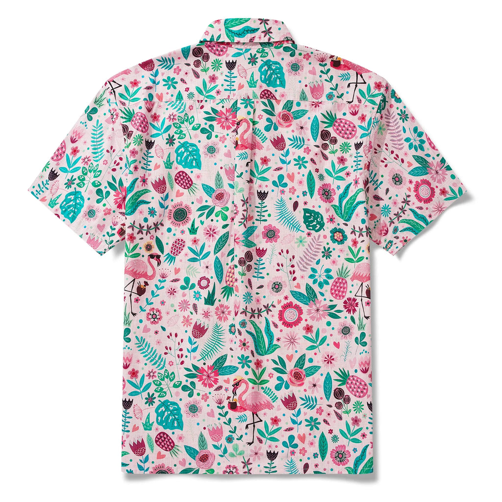 Men's Hawaiian Shirt Short Sleeve Button-down 100% Cotton Aloha Flamingo Petal Escape Flamingo