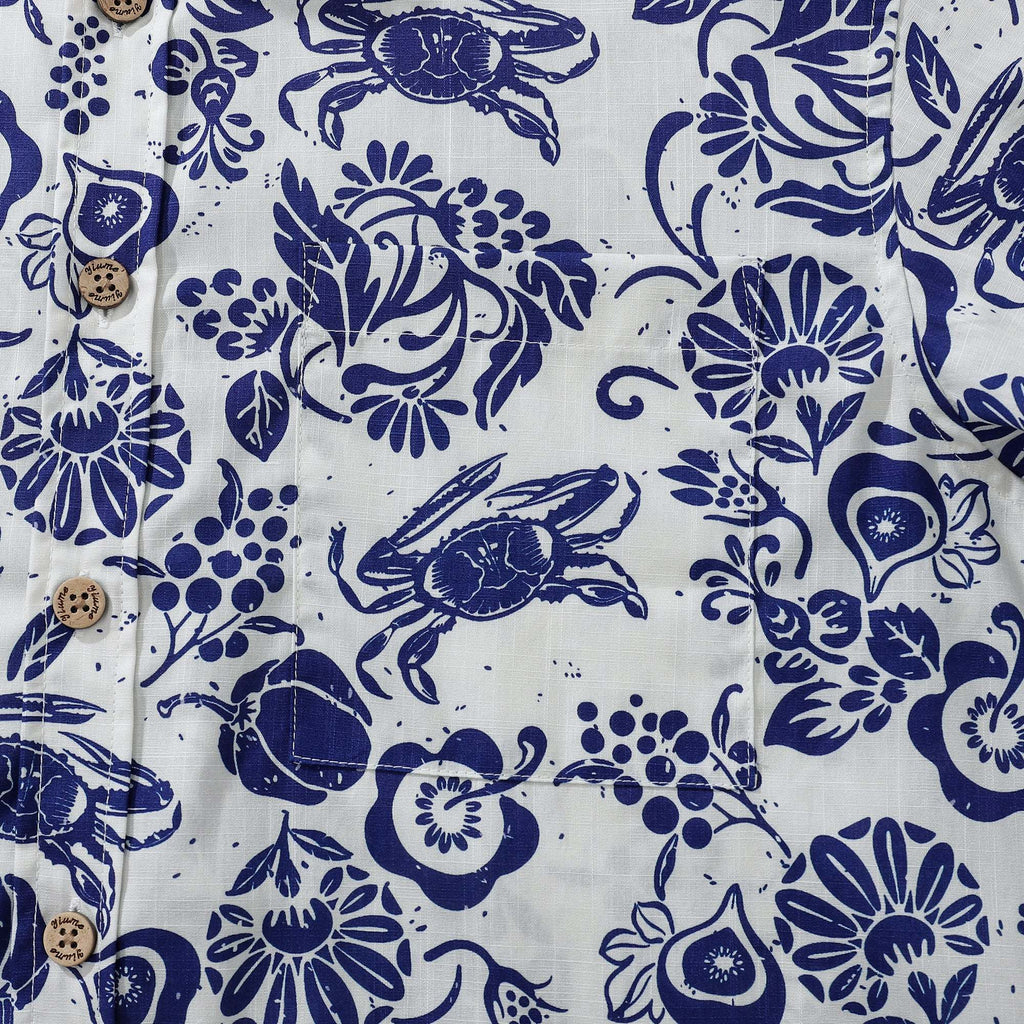 Yiume Men's Retro Hawaiian Shirt Blue Batik Style Shirt 100% Cotton Short Sleeve Button-Down Wrinkle Free Shirt