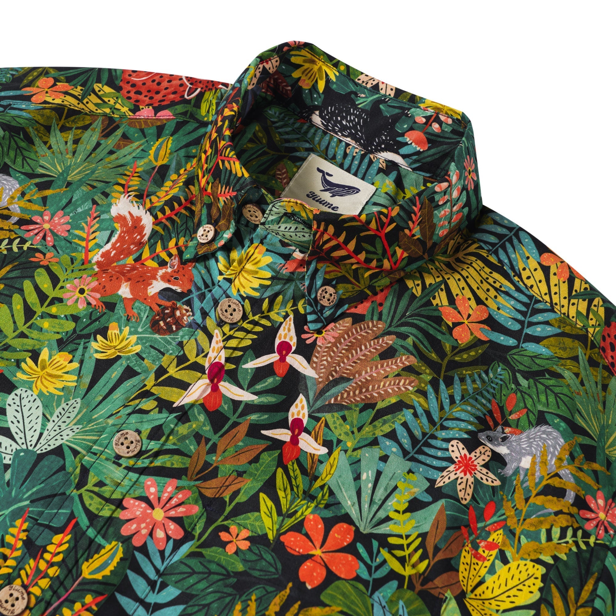 Squirrel Men's Hawaiian Shirt Short Sleeve Button-down 100% Cotton Green Aloha Forest Fairytale