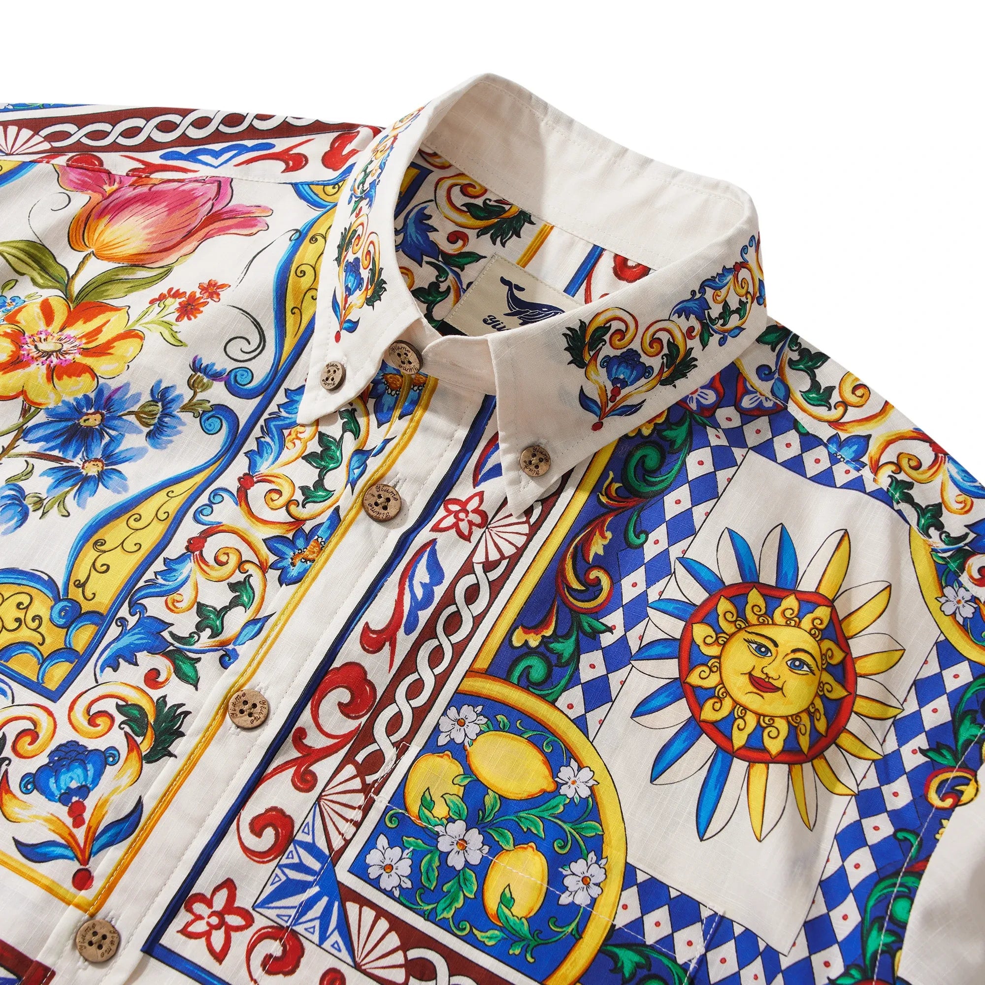 Men's Hawaiian Shirt Short Sleeve Button-down 100% Cotton Blue Flower Aloha Lemon Sicily Venice