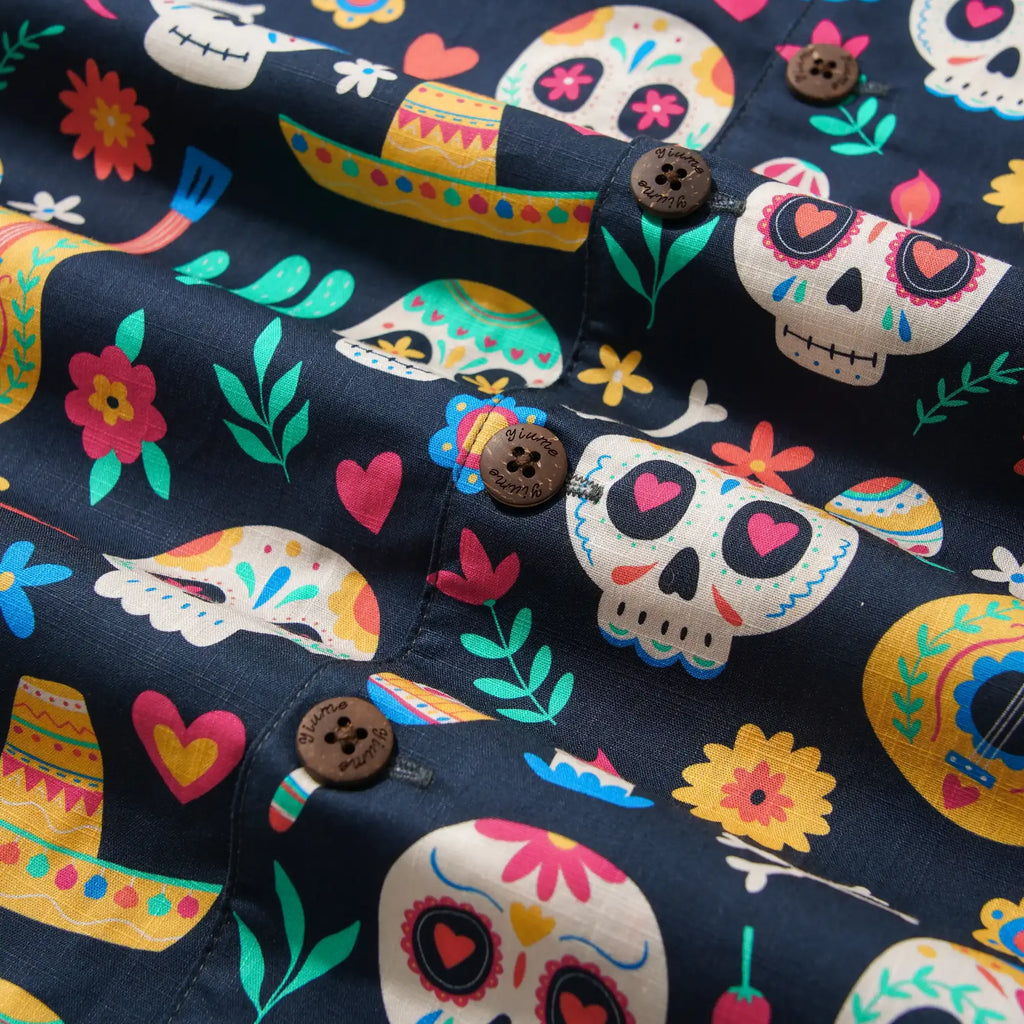 Men's Hawaiian Shirt Short Sleeve Camp Collar 100% Cotton Black Aloha Fiesta Sugar Skulls By Irina Ostapenko Mexican Style