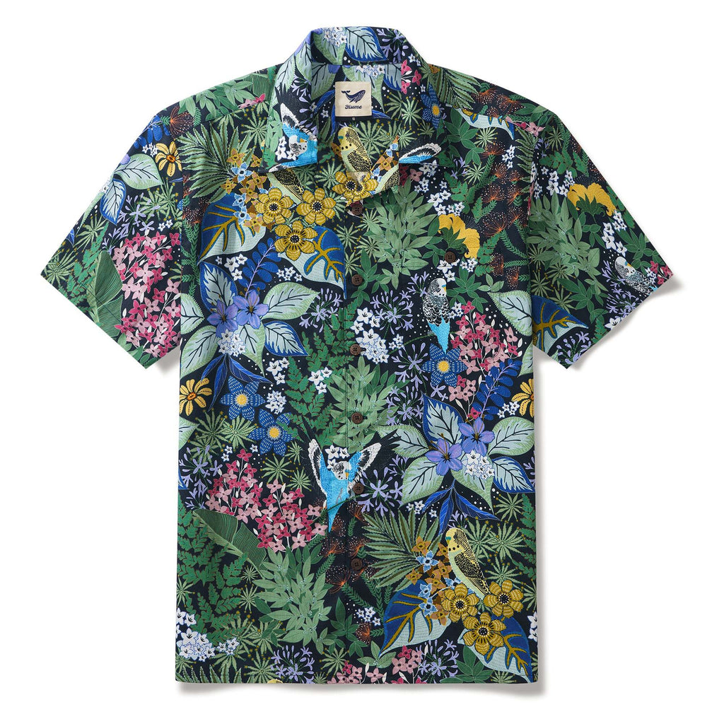Yiume Tropical Hawaiian Shirt For Men 100% Cotton Short Sleeve Green Camp Collar Parrot Aloha Shirt Parrot's Garden