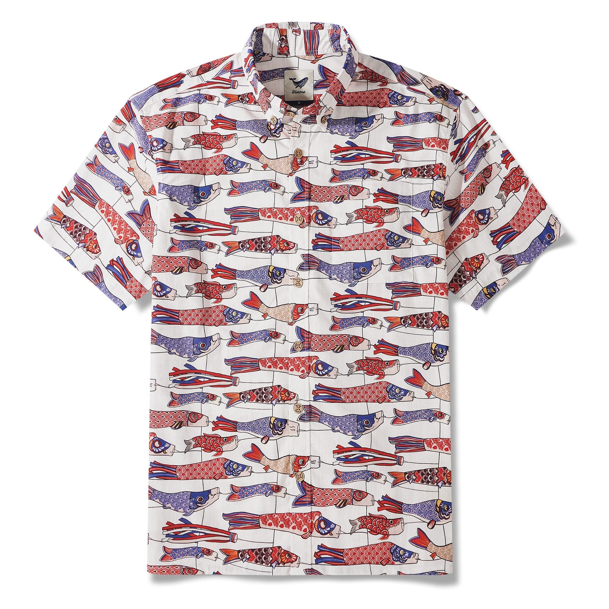 Men's Hawaiian Shirt Short Sleeve Button-down 100% Cotton Beige Aloha Koi in the Wind
