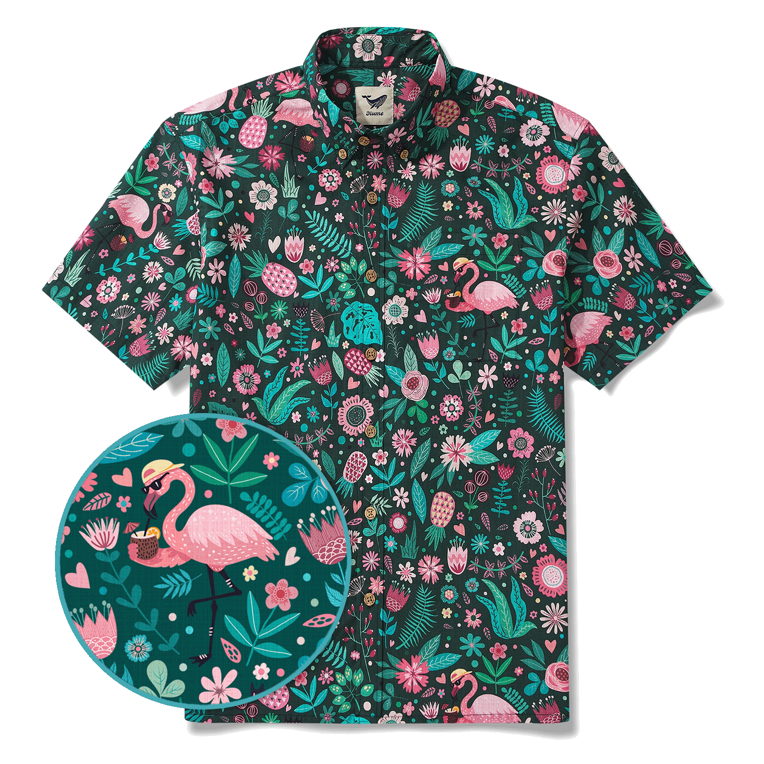 Men's Hawaiian Shirt Short Sleeve Button-down 100% Cotton Green Aloha Blush in the Jungle Flamingo